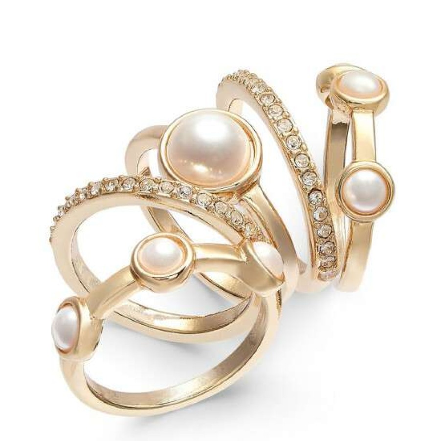 Jewelry & Watches INC International Concepts | Best Pirce Inc International Concepts Tone 5-Pc. Set Pave & Imitation Pearl Stackable Rings, Created For Macy'S Gold