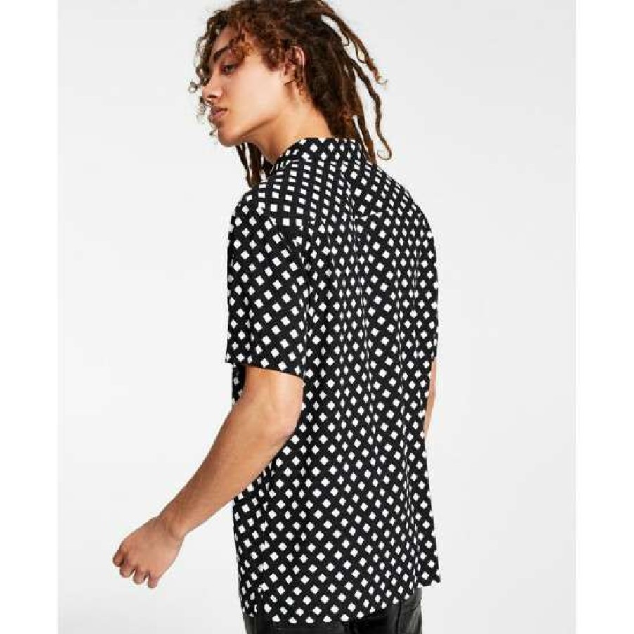 Men INC International Concepts | Discount Inc International Concepts I.N.C. International Concepts Men'S Regular-Fit Diamond Geo-Print Shirt, Created For Macy'S Deep Black