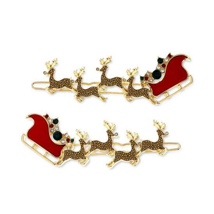 Jewelry & Watches INC International Concepts | Promo Inc International Concepts 2-Pc. Gold-Tone Multicolor Crystal Reindeer & Sleigh Hair Barrette Set, Created For Macy'S Red