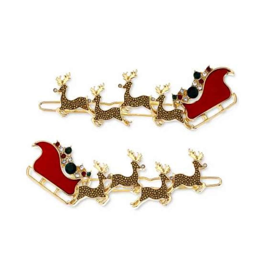 Jewelry & Watches INC International Concepts | Promo Inc International Concepts 2-Pc. Gold-Tone Multicolor Crystal Reindeer & Sleigh Hair Barrette Set, Created For Macy'S Red