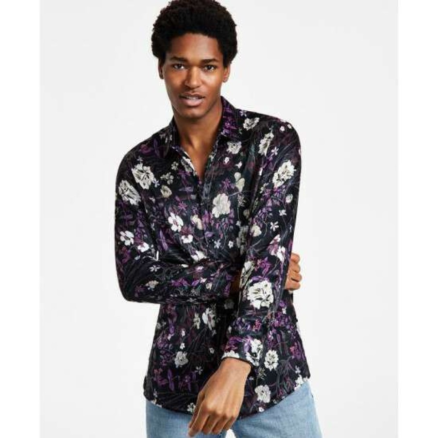 Men INC International Concepts | Outlet Inc International Concepts Men'S Gav Bot Classic-Fit Long Sleeve Floral Print Camp Shirt, Created For Macy'S Deep Black