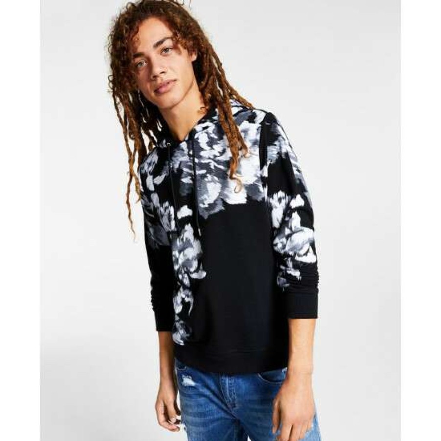 Men INC International Concepts | Brand New Inc International Concepts I.N.C. International Concepts Men'S Regular-Fit Abstract Floral-Print Hoodie, Created For Macy'S Deep Black