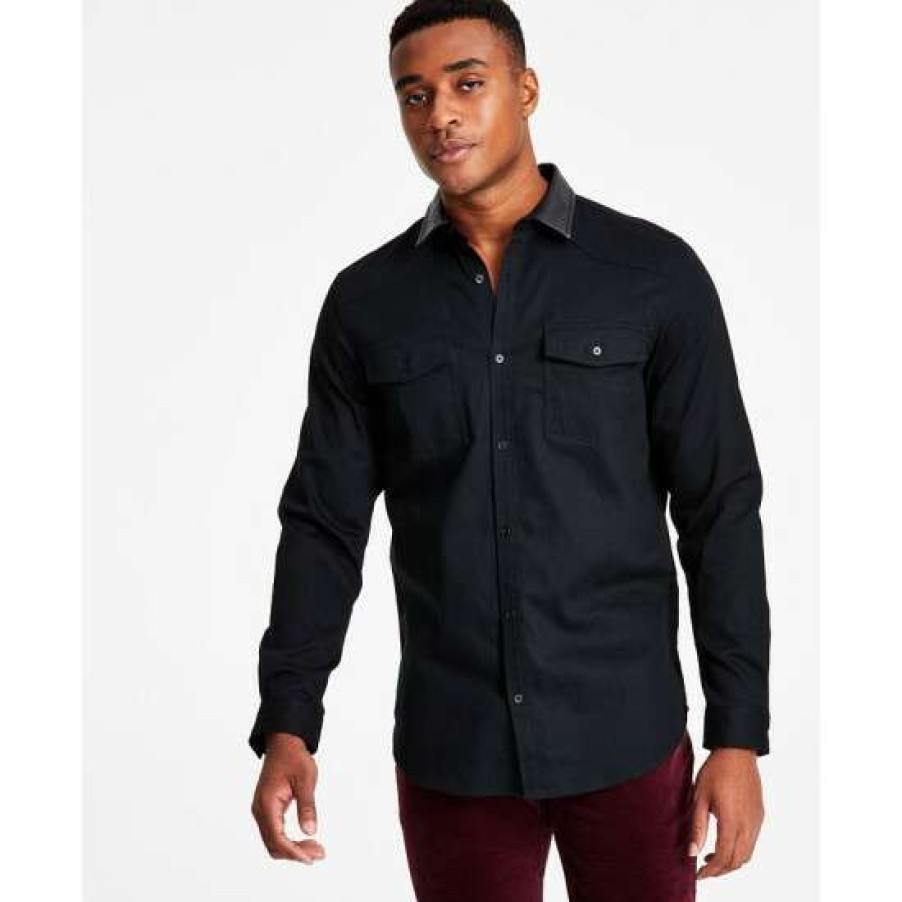 Men INC International Concepts | Best Deal Inc International Concepts Men'S Classic-Fit Solid Button-Down Shirt With Faux-Leather Collar, Created For Macy'S Deep Black