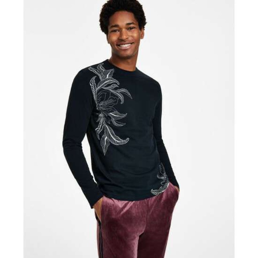 Men INC International Concepts | Buy Inc International Concepts Men'S Jordan Classic-Fit Long-Sleeve Drawn Leaf Print T-Shirt, Created For Macy'S Deep Black