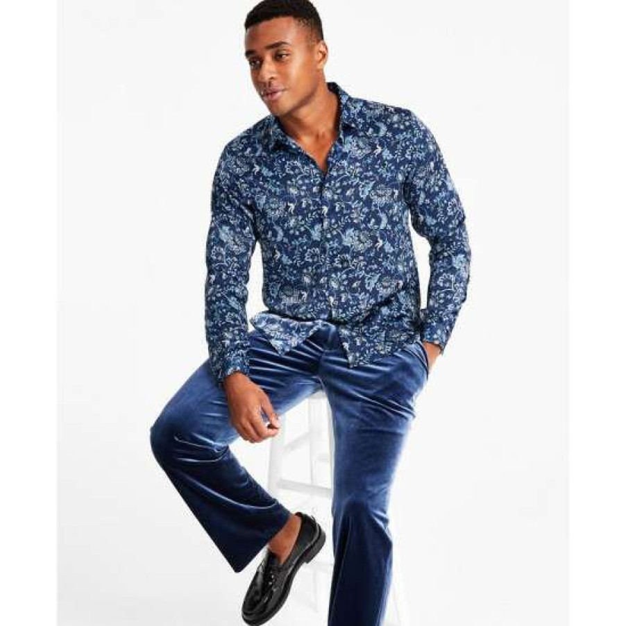 Men INC International Concepts | Best Sale Inc International Concepts Men'S Edward Regular-Fit Jacobean Floral-Print Shirt, Created For Macy'S Basic Navy