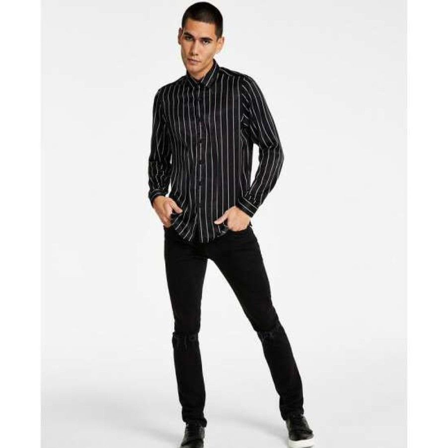 Men INC International Concepts | Best Deal Inc International Concepts Men'S Classic-Fit Stripe Satin Button-Down Shirt, Created For Macy'S Deep Black