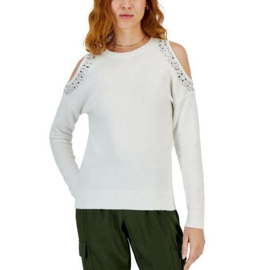 Women INC International Concepts | Brand New Inc International Concepts Women'S Jewel-Studded Cold-Shoulder Sweater, Created For Macy'S