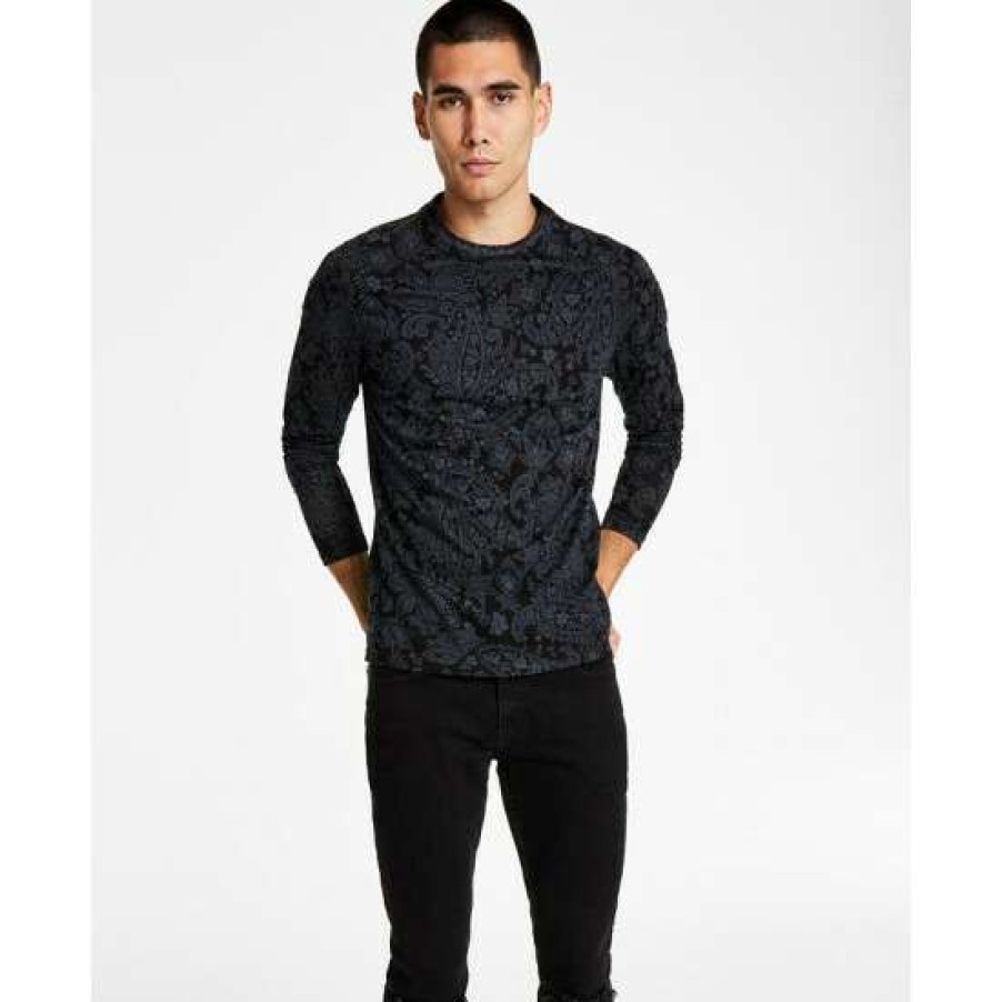 Men INC International Concepts | Best Sale Inc International Concepts Men'S Classic-Fit Paisley Long-Sleeve T-Shirt, Created For Macy'S Deep Black