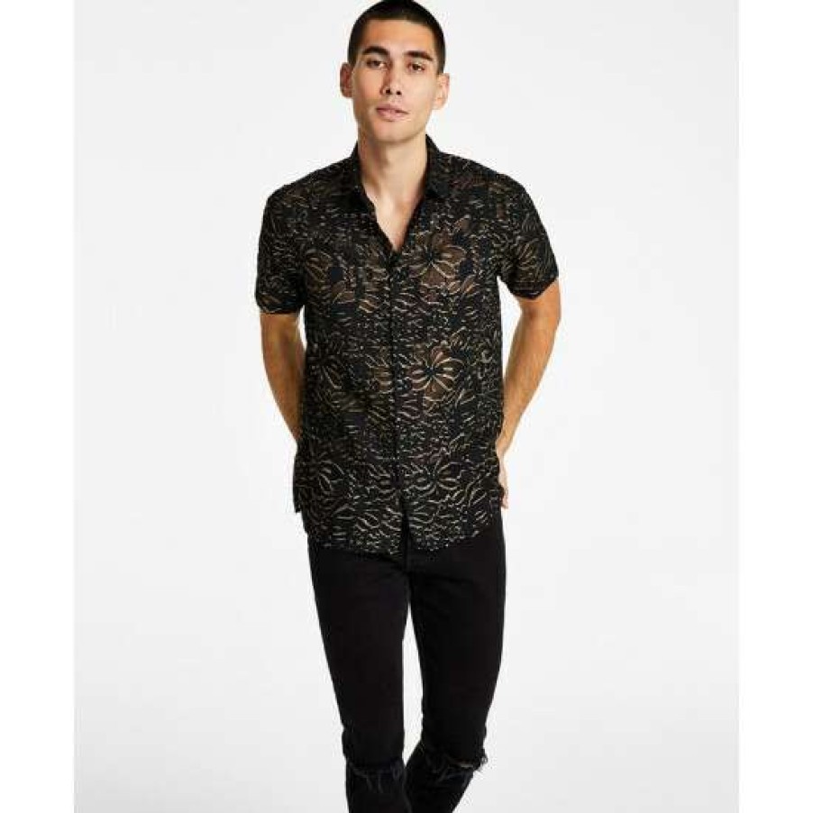 Men INC International Concepts | Coupon Inc International Concepts Men'S Classic-Fit Metallic Floral Jacquard Button-Down Shirt, Created For Macy'S Deep Black