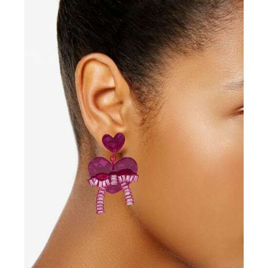 Jewelry & Watches INC International Concepts | Flash Sale Inc International Concepts Fuchsia-Tone Baguette Stone Bow Heart Drop Earrings, Created For Macy'S Red