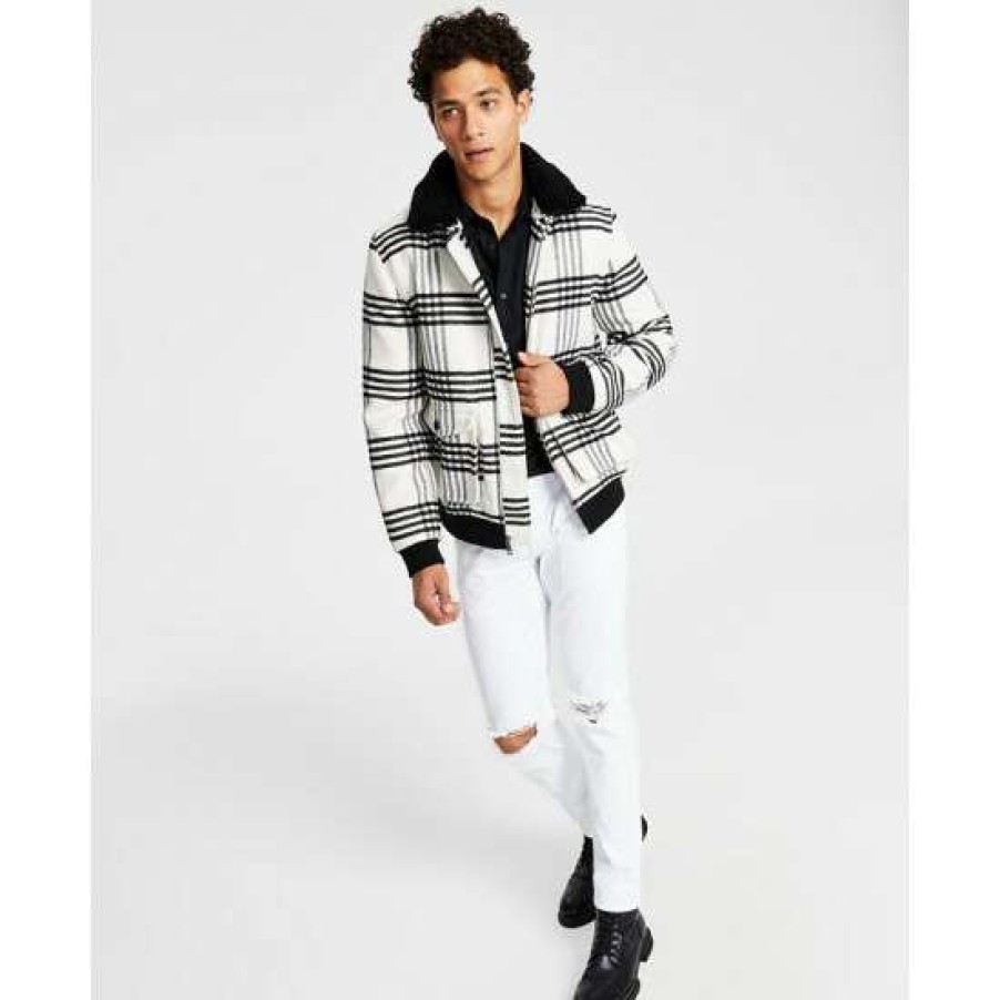 Men INC International Concepts | Best Deal Inc International Concepts Men'S Loki Fleece Collar Zip-Front Plaid Jacket, Created For Macy'S Bright White