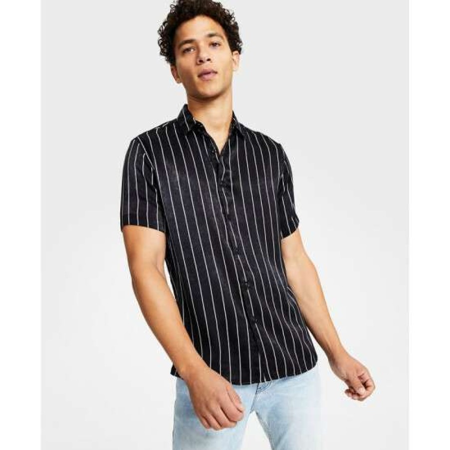 Men INC International Concepts | Best Deal Inc International Concepts Men'S Cicero Short-Sleeve Vertical Striped Shirt, Created For Macy'S Deep Black