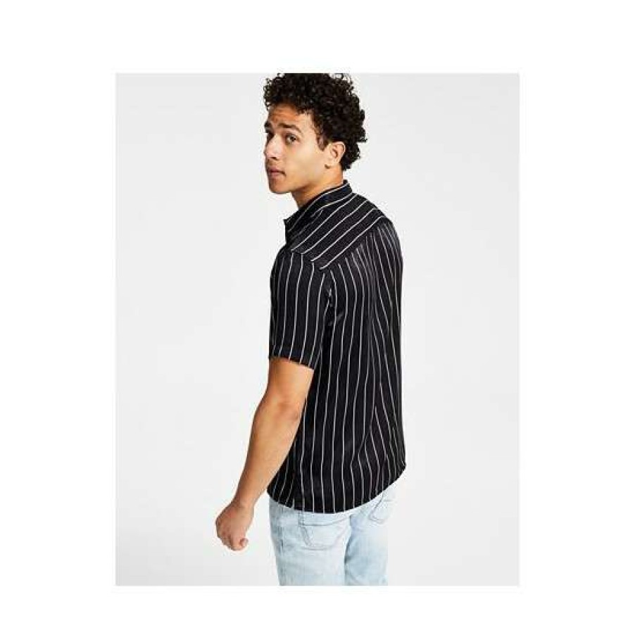 Men INC International Concepts | Best Deal Inc International Concepts Men'S Cicero Short-Sleeve Vertical Striped Shirt, Created For Macy'S Deep Black