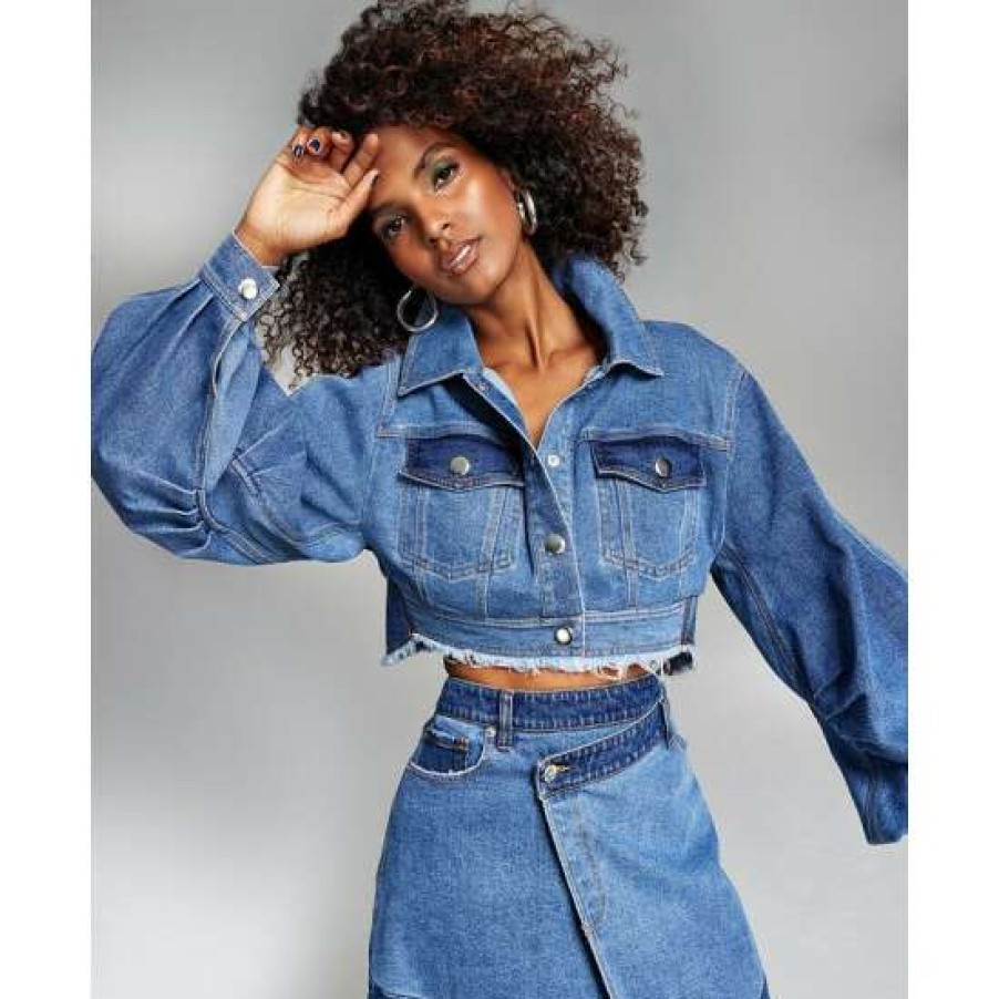 Women INC International Concepts | Discount Inc International Concepts Ade Samuel For Inc Women'S Balloon-Sleeve Cropped Denim Jacket, Created For Macy'S Medium/Dark Indigo