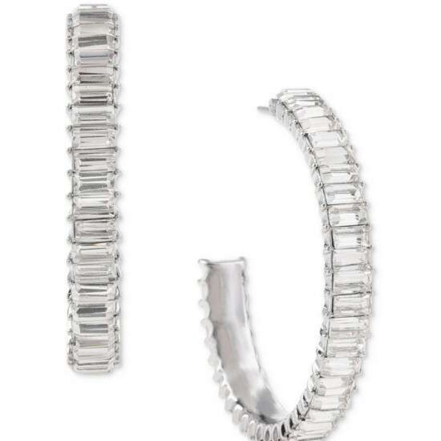 Jewelry & Watches INC International Concepts | Brand New Inc International Concepts Medium Baguette-Crystal C-Hoop Earrings, 1.72, Created For Macy'S Silver