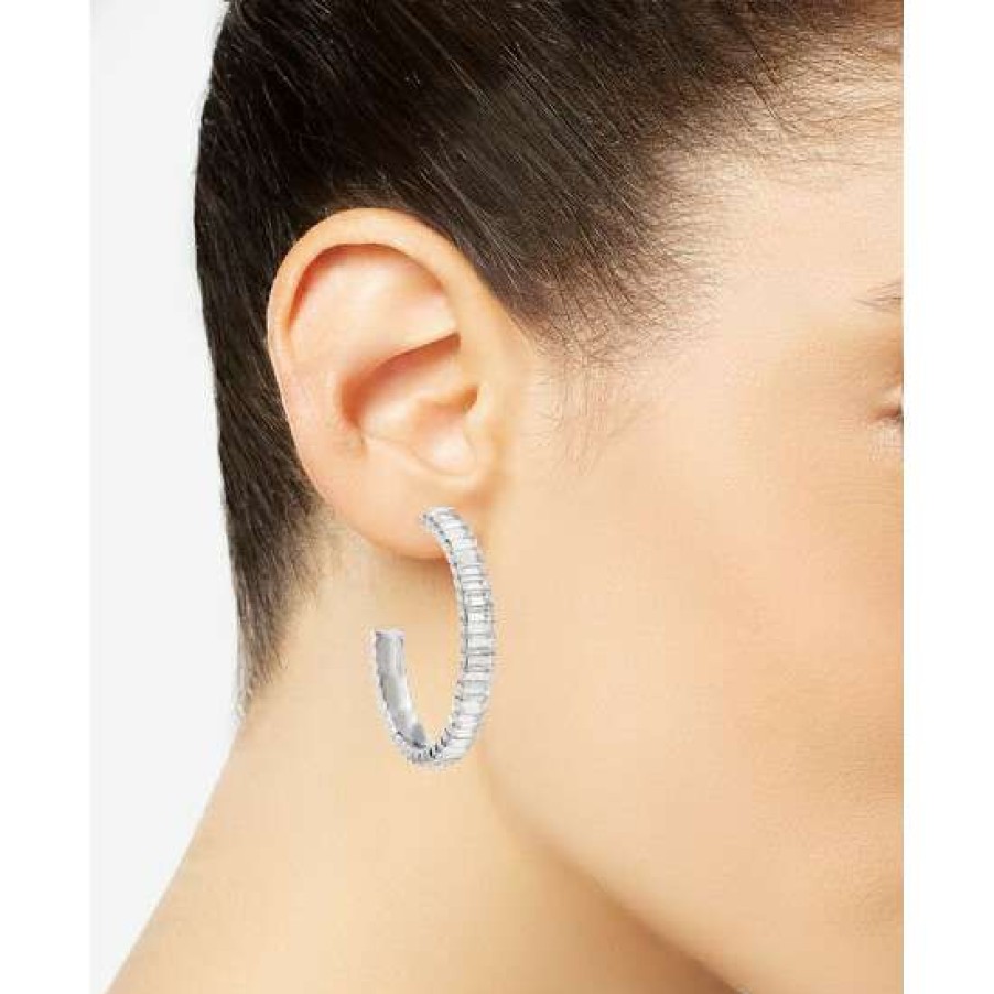 Jewelry & Watches INC International Concepts | Brand New Inc International Concepts Medium Baguette-Crystal C-Hoop Earrings, 1.72, Created For Macy'S Silver