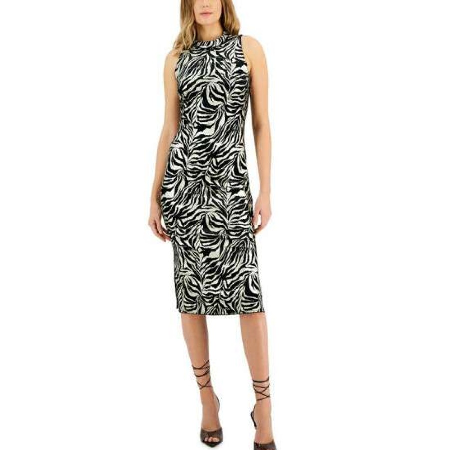 Women INC International Concepts | Wholesale Inc International Concepts Women'S Zebra Foil Printed Fitted Midi Dress, Created For Macy'S Black/Gold