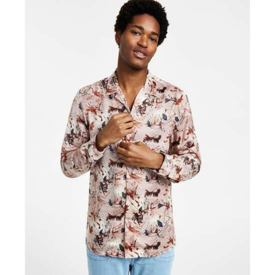 Men INC International Concepts | Budget Inc International Concepts Men'S Classic-Fit Long Sleeve Sprig Print Camp Shirt, Created For Macy'S Baby Fawn