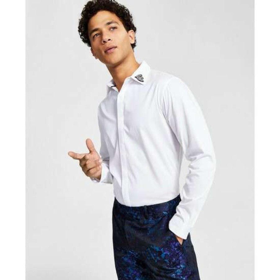 Men INC International Concepts | Best Sale Inc International Concepts Men'S Long-Sleeve Embellished-Collar Shirt, Created For Macy'S Bright White