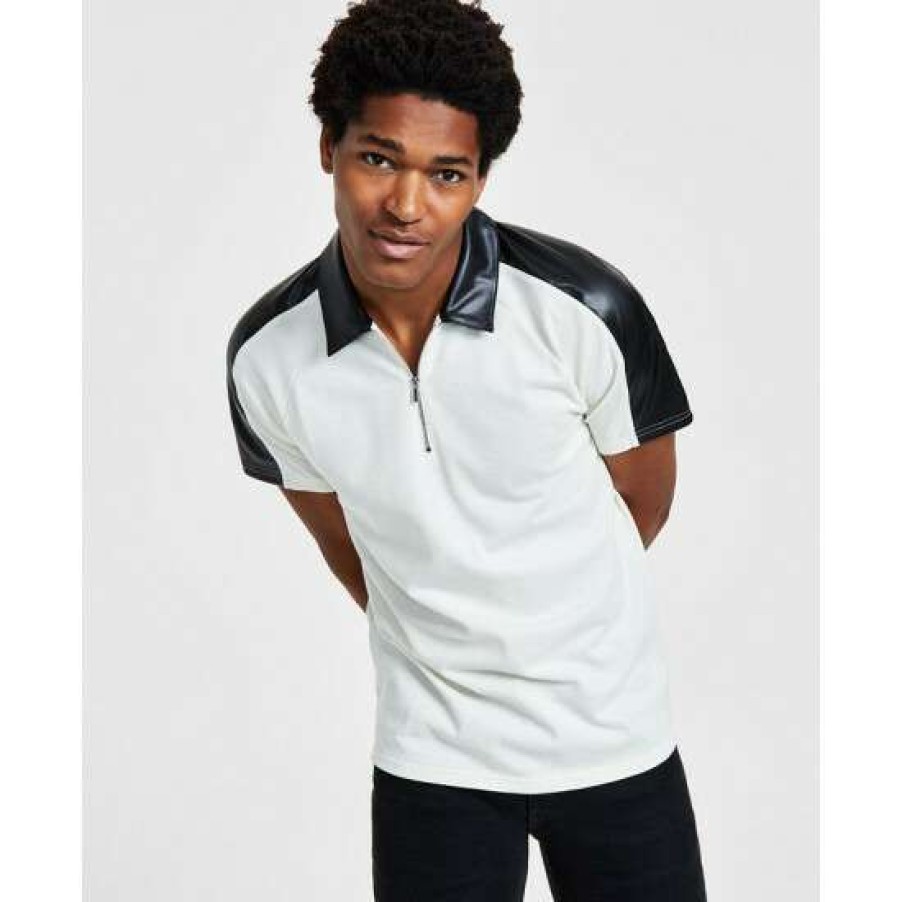 Men INC International Concepts | Budget Inc International Concepts Men'S Classic-Fit Short-Sleeve Zip Polo Shirt With Faux Leather Piecing, Created For Macy'S