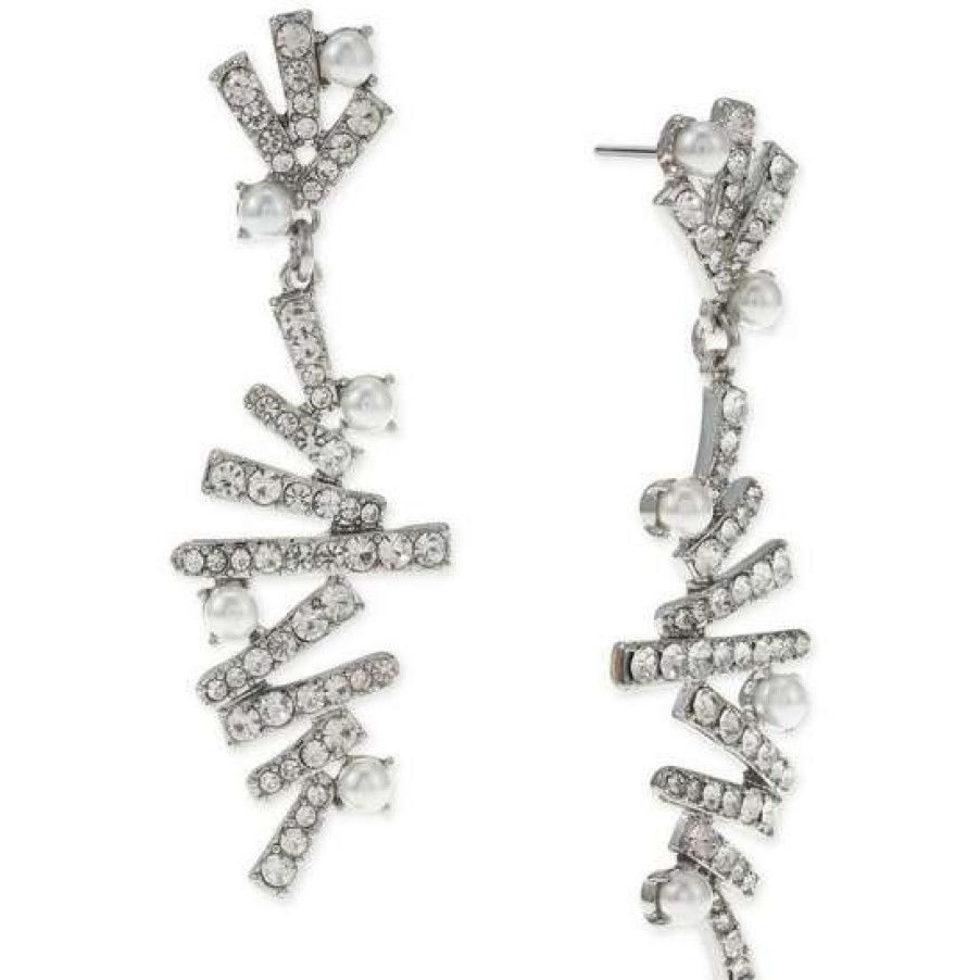 Jewelry & Watches INC International Concepts | Outlet Inc International Concepts Silver-Tone Pave & Imitation Pearl Stick Drop Earrings, Created For Macy'S Crystal