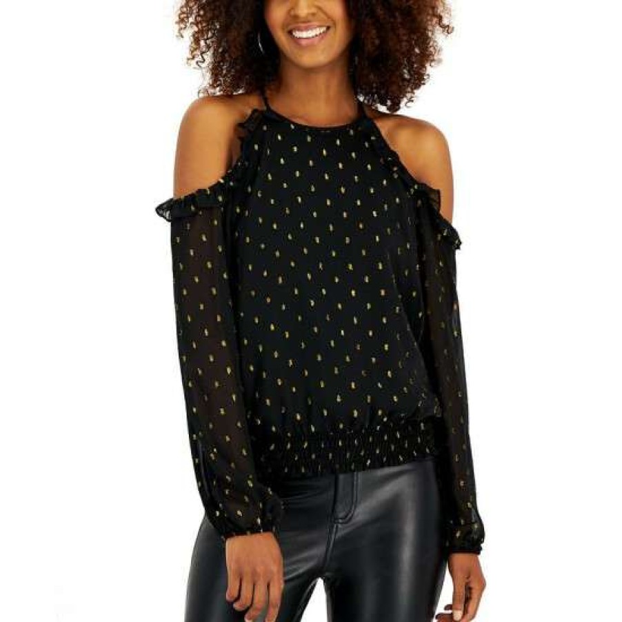 Women INC International Concepts | Best Deal Inc International Concepts Women'S Metallic Dot Print Cold-Shoulder Top, Created For Macy'S Deep Black