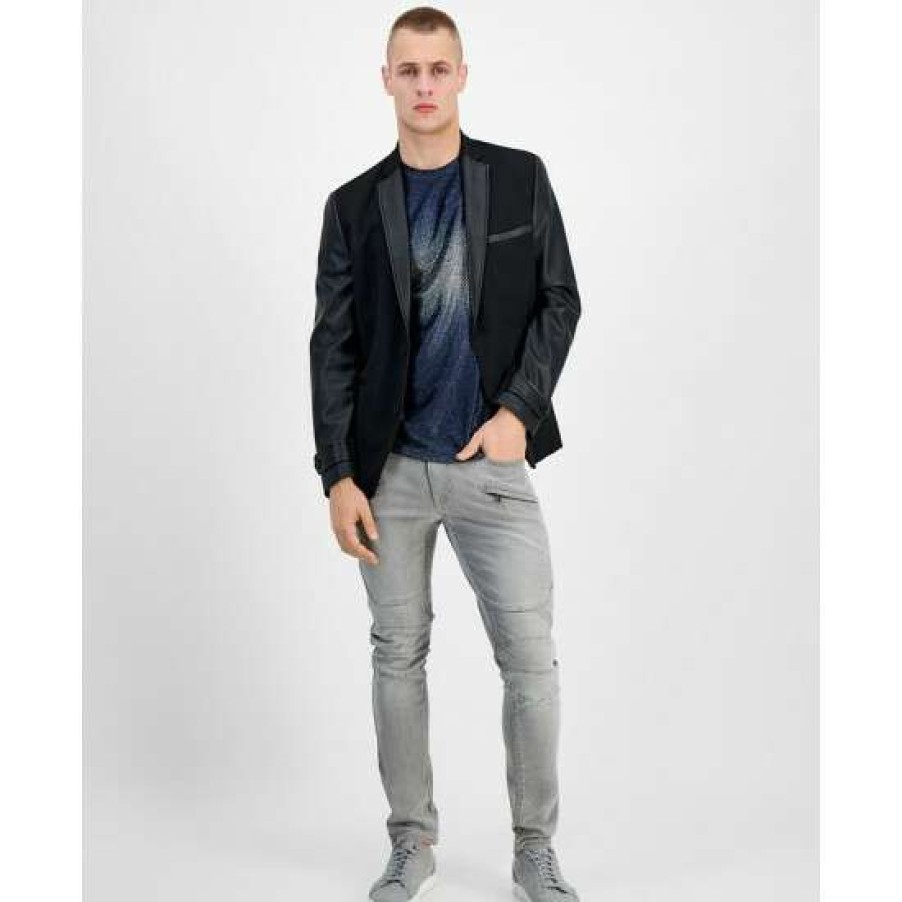 Men INC International Concepts | Budget Inc International Concepts Men'S Slim-Fit Pieced Mixed-Media Blazer With Faux-Leather Trim, Created For Macy'S Deep Black