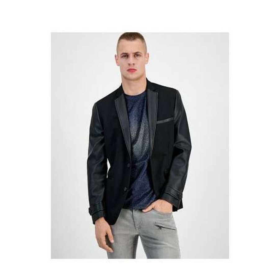 Men INC International Concepts | Budget Inc International Concepts Men'S Slim-Fit Pieced Mixed-Media Blazer With Faux-Leather Trim, Created For Macy'S Deep Black