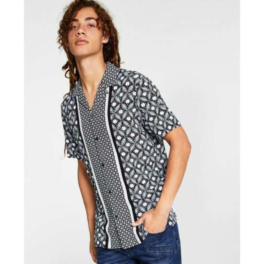 Men INC International Concepts | Hot Sale Inc International Concepts I.N.C. International Concepts Men'S Regular-Fit Geo-Print Camp Shirt, Created For Macy'S Deep Black