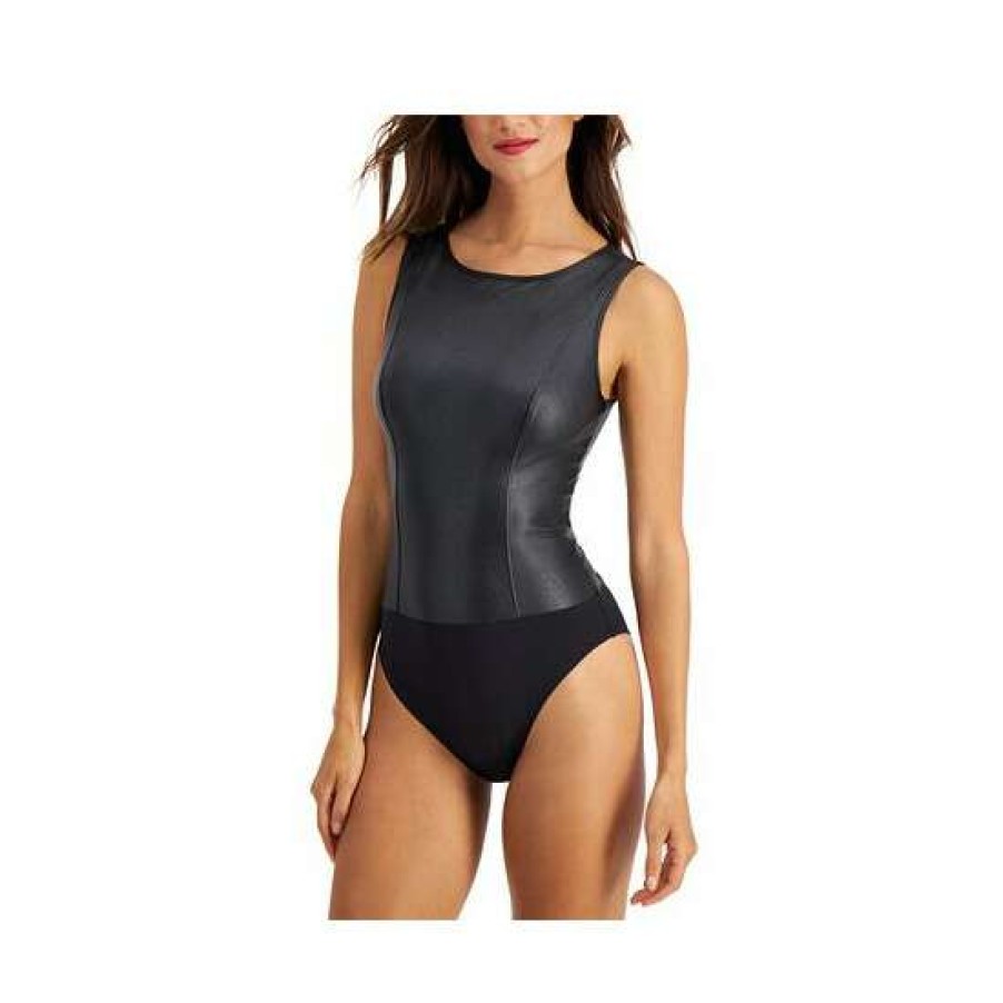 Women INC International Concepts | Best Pirce Inc International Concepts Faux Leather Bodysuit, Created For Macy'S Deep Black