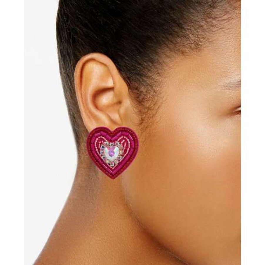 Jewelry & Watches INC International Concepts | Best Deal Inc International Concepts Fuchsia-Coated Rose Gold-Tone Crystal & Bead Heart Statement Stud Earrings, Created For Macy'S Multi