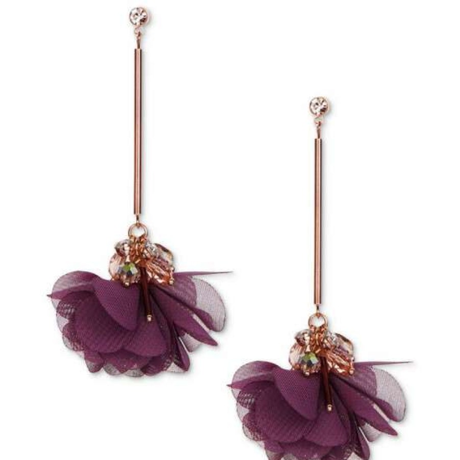 Jewelry & Watches INC International Concepts | Flash Sale Inc International Concepts Rose Gold-Tone Crystal & Bead Fabric Flower Linear Drop Earrings, Created For Macy'S Purple