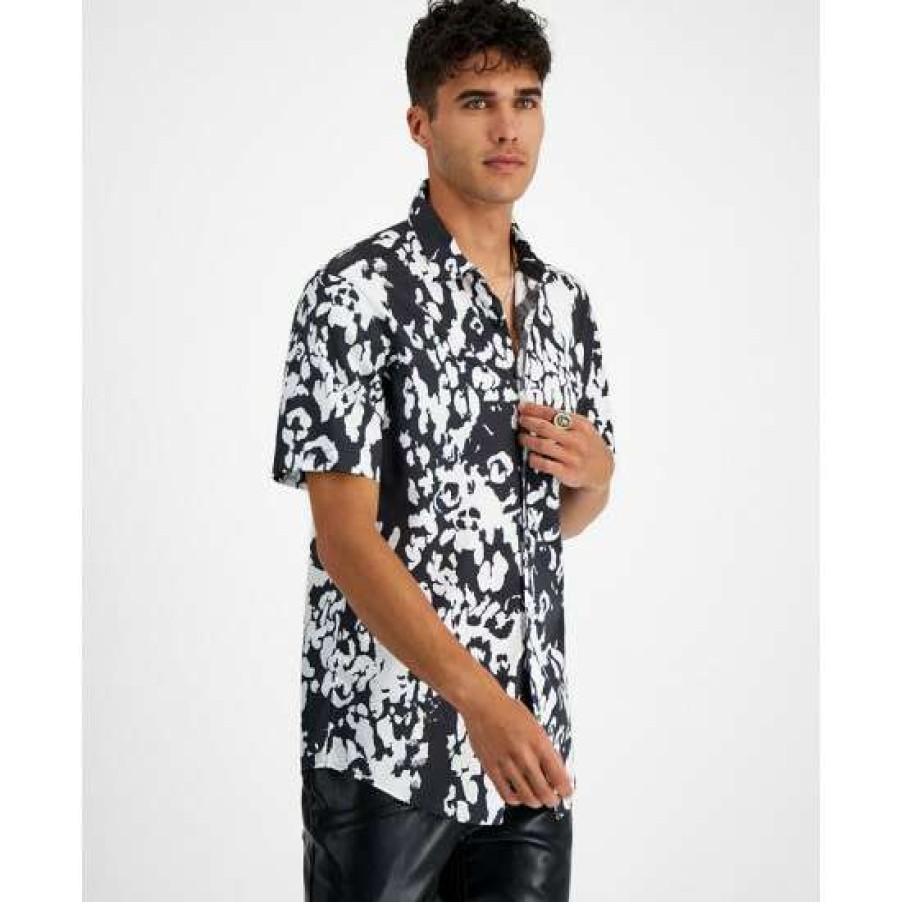 Men INC International Concepts | Discount Inc International Concepts Men'S Cheetah Short-Sleeve Button-Up Shirt, Created For Macy'S Antique White