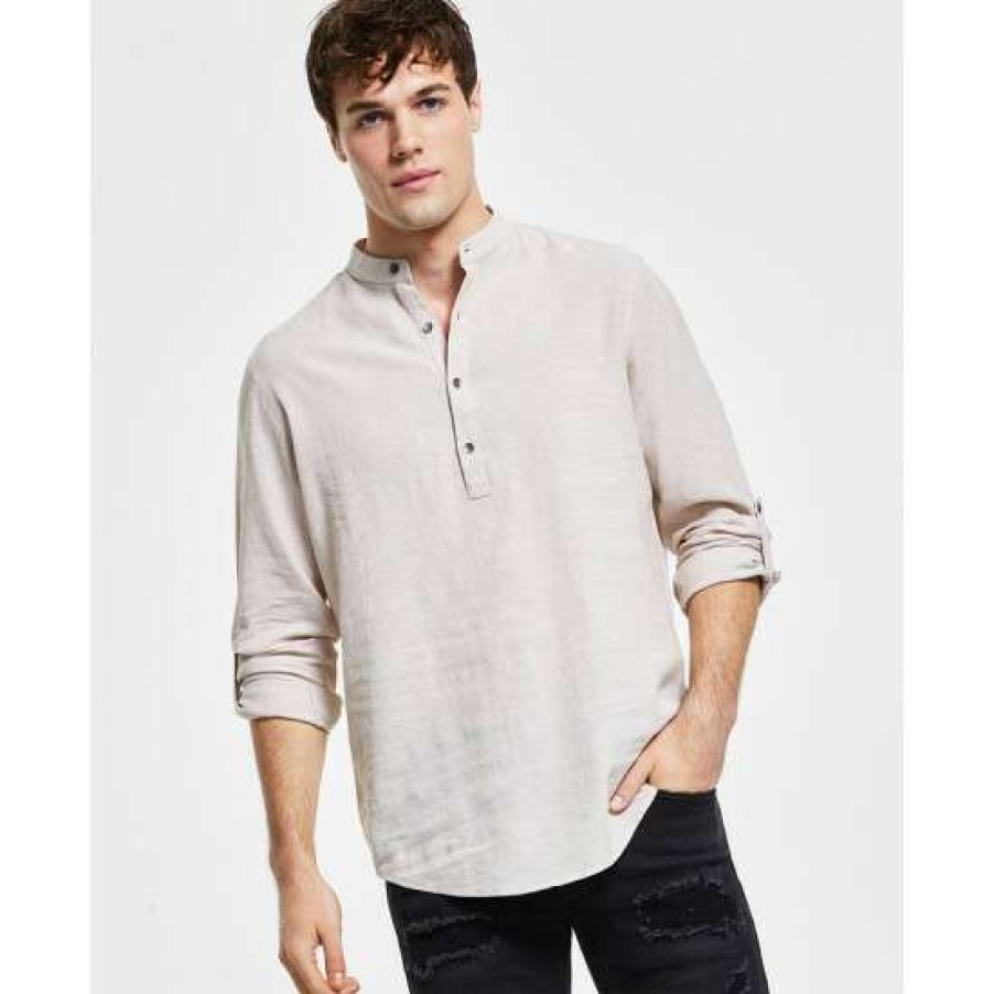 Men INC International Concepts | Top 10 Inc International Concepts Men'S Regular-Fit Textured Band Collar Popover Shirt, Created For Macy'S Sand Linen