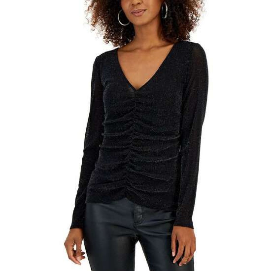 Women INC International Concepts | Best Sale Inc International Concepts Women'S Metallic Ruched-Front Top, Created For Macy'S Deep Black