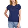 Women INC International Concepts | Deals Inc International Concepts Women'S Embroidered Embellished Rolled-Cuff Top, Created For Macy'S Indigo Sea