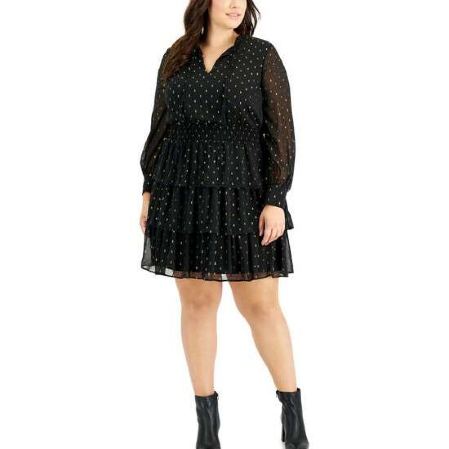 Women INC International Concepts | New Inc International Concepts Plus Size Metallic Clip-Dot Tiered Dress, Created For Macy'S Deep Black