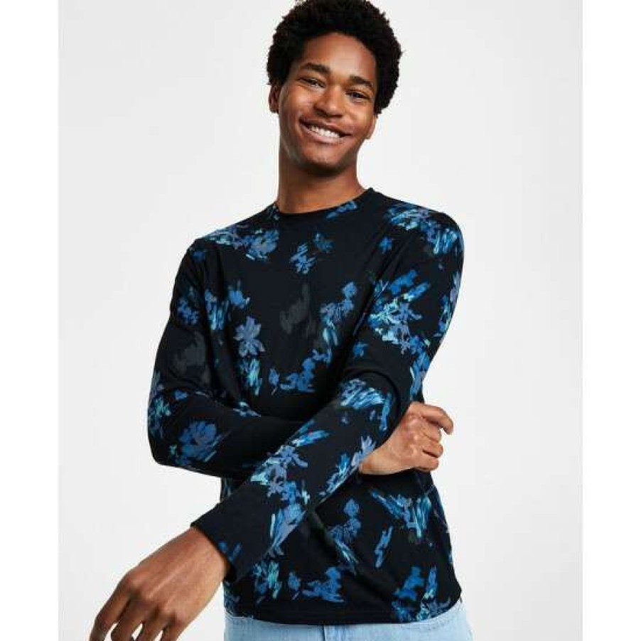 Men INC International Concepts | Coupon Inc International Concepts Men'S Jason Classic-Fit Long-Sleeve Floral Print Crewneck T-Shirt, Created For Macy'S Basic Navy